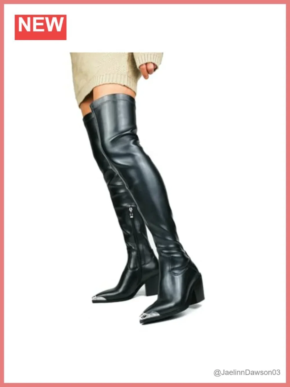 Faux Leather Thigh High Chunky Heel Boots Pointed Toe Side Zipper Women's